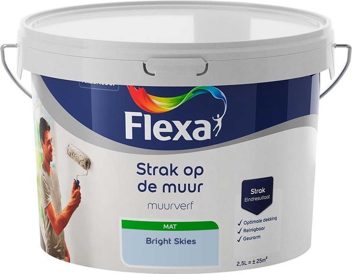 FLEXA Strak op de Muur Muurverf - Mat - Mengkleuren Collectie - Kleur van het Jaar 2022 - Bright Skies - 2,5 liter