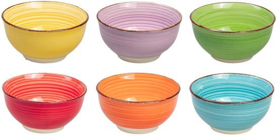 Studio Tavola Kommen Sunny Summer Geel/Rood/Oranje/Paars/Groen/Blauw - 6 stuks Ø 12 cm - Aardewerk - Oven-, Magnetron- & Vaatwasserbestendig