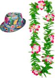 Merkloos Hawaii thema party verkleedset - Hoedje Tropical print - bloemenkrans roze mix - Tropical toppers - pour Adultes