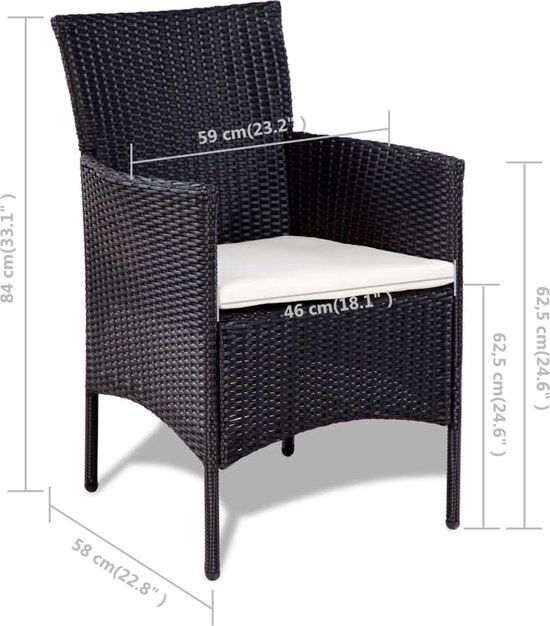 The Living Store Loungeset Zwart - Poly Rattan - 2-zitsbank - 2 armstoelen - salontafel - 105x58x84 cm - Waterbestendig