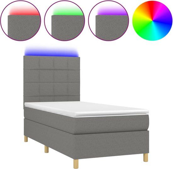 vidaXL Boxspring met matras en LED stof donkergrijs 90x200 cm