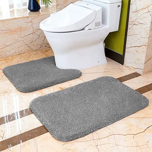 VANZAVANZU 2-delige set verdikte antislip badkamerkleden Absorberend ultrazacht pluizig microvezel badkleed en toiletmat - 50 x 80 cm en 50 x 60 cm U-vorm (Donkergrijs)