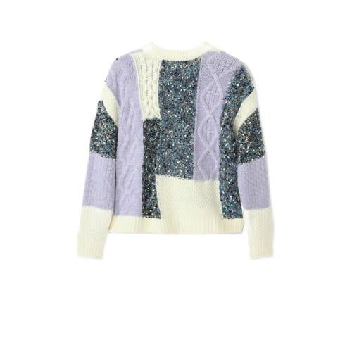 Desigual gebreide trui met glitters - ecru/lila/blauw