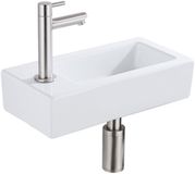 QeramiQ Fuente fonteinset – 37.5x18.5x9 cm – keramiek wit glans – kraangat links – kraan geborsteld RVS