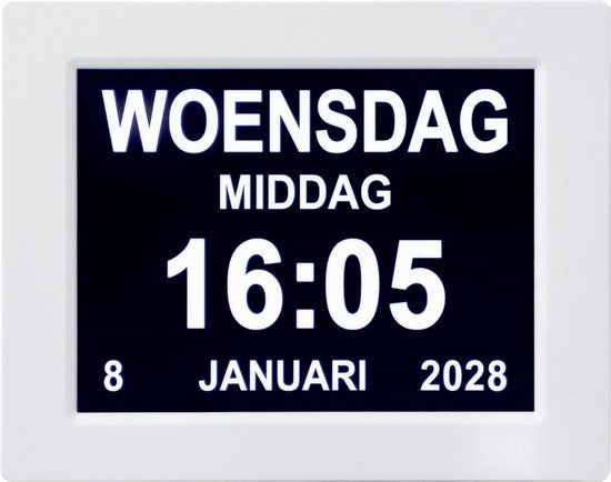 Merkloos Dementieklok Digitale klok Wit - Kalenderklok Seniorenklok Klok met datum dag en tijd - Inclusief afstandsbediening Kunststof