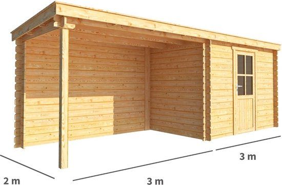Merkloos Blokhut met overkapping Els 600 cm bij 200 cm diep Lessenaarsdak bruin