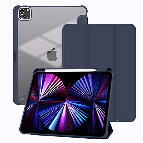 NZBZ iPad Pro 11 inch hoesje 2022/2021/2020/2018met potloodhouder, slimme iPad-hoes [ondersteuning touch ID en automatisch wake/slaap] met automatisch 2e generatie potlood opladen (marineblauw)