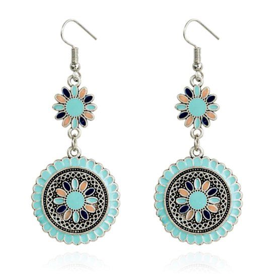 Deja Jewels Lookinggoodtoday Ronde dames oorhangers met bloemvorm Ibiza multicolor turquoise