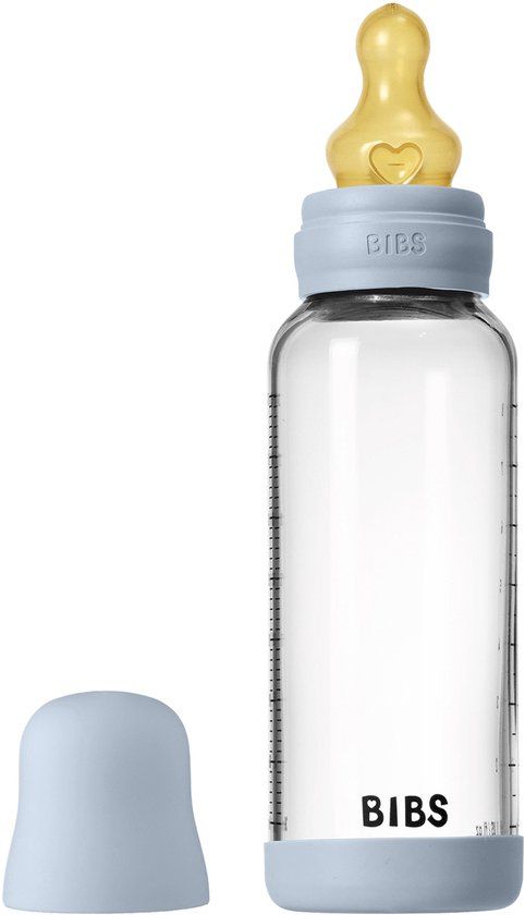 BIBS - Glass Baby Bottle Latex Medium Flow - 240ml - Blauw
