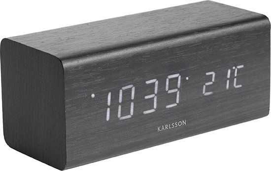 Karlsson Block Alarm Clock - Black Veneer - White LED - 16x7.2x7cm