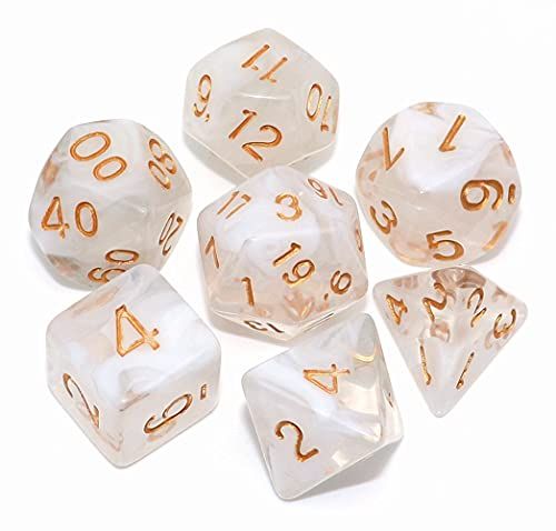 CREEBUY DND dobbelstenen set 7 stuks transparante mix witte wolk dobbelstenen voor kerkers en draken D&D RPG rollenspellen polyhedraal dobbelstenen