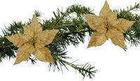 House of Seasons Kerstboom bloemen op clip - 2x stuks - goud - 18 cm - polyester fluweel - kerstornamenten