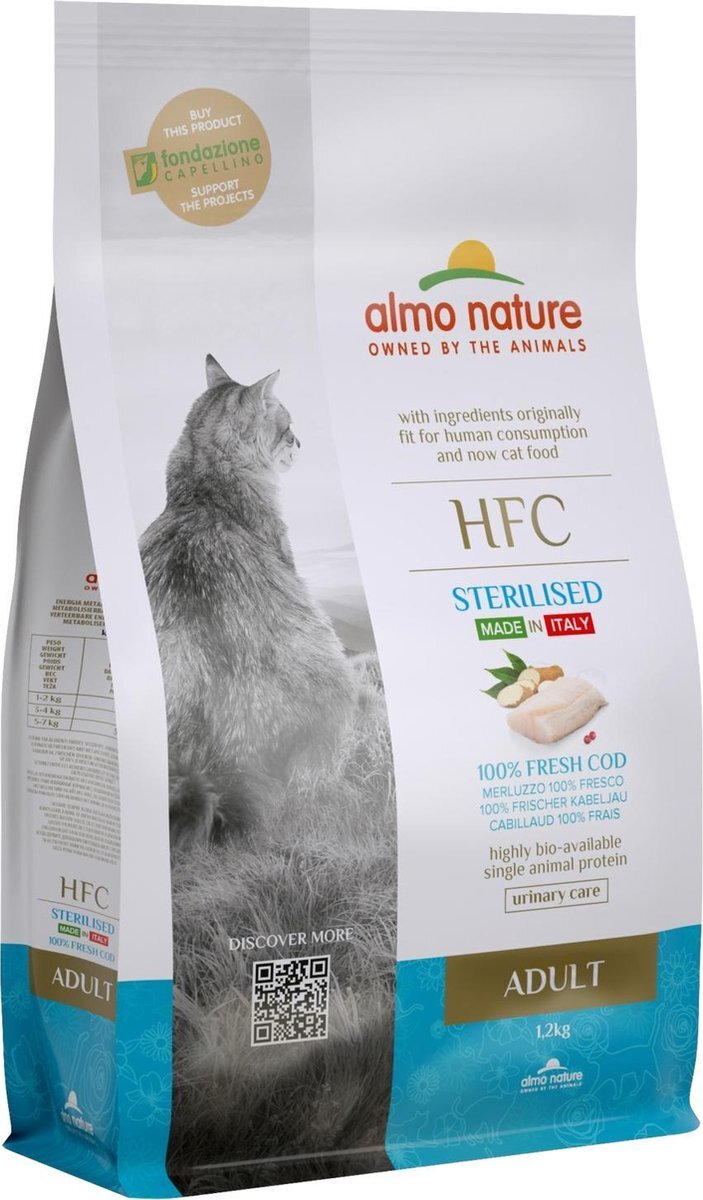 Almo Nature Nature - Kat HFC Adult Sterilized brokken voor gecastreerde / gesteriliseerde katten - rund, kip, kabeljauw of zalm - 1,2kg, 300gr - Kabeljauw, Gewicht: 1,2kg