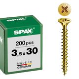 SPAX Universele schroef, 3,5 x 30 mm, 200 stuks, kruiskop Z2, verzonken kop, volledige schroefdraad, 4CUT, YELLOX A2L, geel verzinkt, 1081020350303