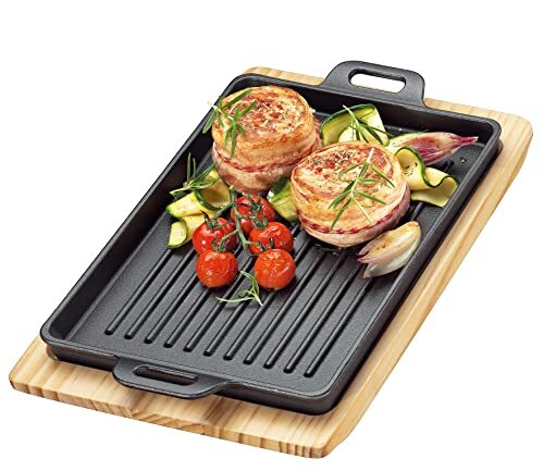 Küchenprofi BBQ grillpan gietijzer gegroefd op houten plank, hoekig, 32 x 22 x 3,5 cm, vuurplaats, alle warmtebronnen incl. inductie, serveerpan 0305351026