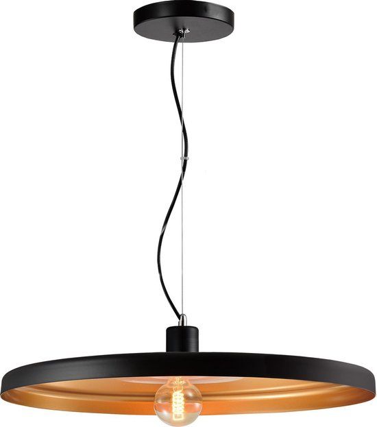 QUVIO Hanglamp modern - Dun design - Zwart met gouden binnenkant - Diameter 60 cm