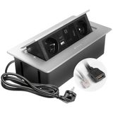 GTV – Inbouwstopcontact MULTISOFT aluminium met 2x stopcontact met aarding, USB A+C, RJ45, HDMI 2.0, intrekbaar met afdekking, 1,5 m kabel