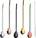 Paille cuillère en acier inoxydable - Réutilisable - Comprend 1 brosse de nettoyage pour smoothies, cocktails et boissons - 5 pièces (ovale)