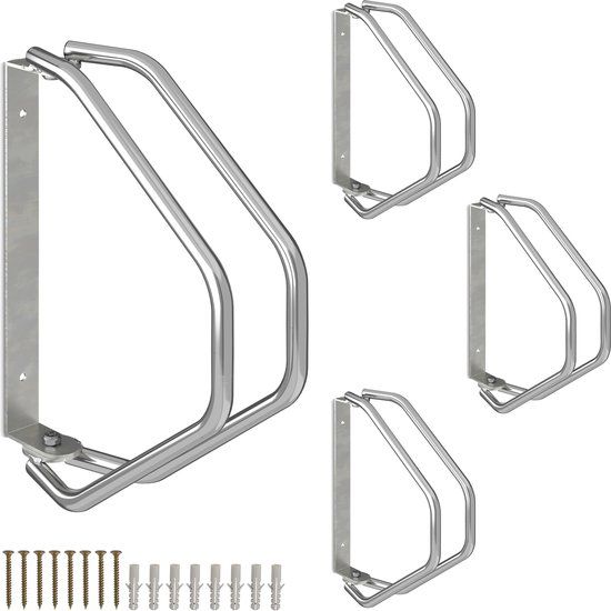 Relaxdays fietsenrek muur, set van 4, staal, wandmontage, 180 graden draaibaar, garage, schuur, zilver