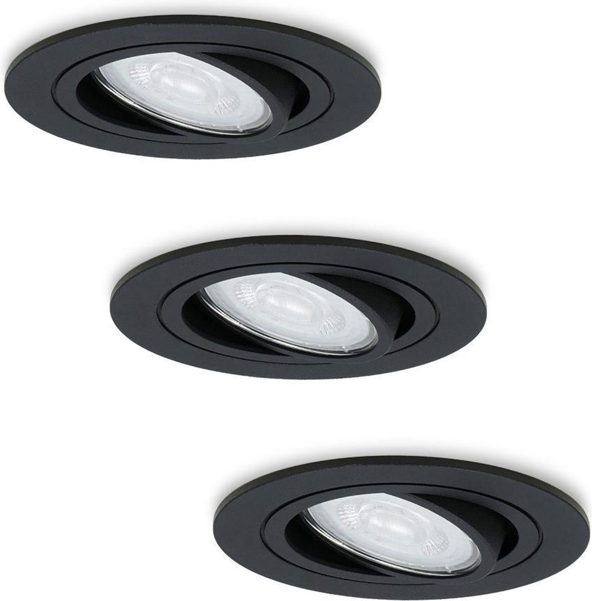 HOFTRONIC 3x Miro - Kantelbare inbouwspot - LED - Rond zaagmaat 75mm - Zwart - Dimbaar - 5 Watt - 350 lumen - 230V - 6400K Daglicht wit - Verwisselbare GU10 - Plafondspots - Inbouwspot voor binnen -