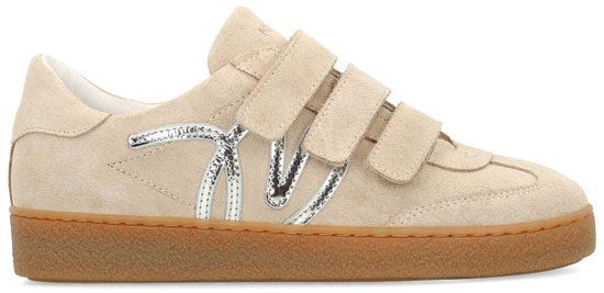Manfield Dames Beige Suède Sneakers met Klittenband - Maat 39