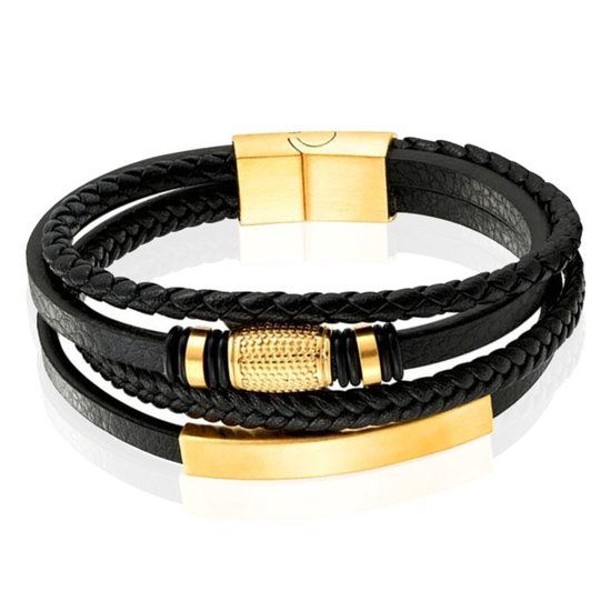 Mendes Jewelry Heren Armband van Roestvrijstaal en Echt Leder - Luxe Zwart met Gouden Elementen - 19cm