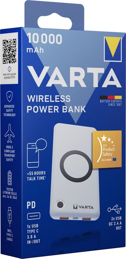 Varta 10000 mAh Power Bank - Draadloos Opladen - Wit