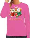 Bellatio Decorations Foute Kersttrui - sweater - kerstsokken met diertjes - Merry Christmas - roze - voor dames XS