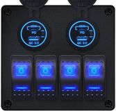 ProRide Schakelpaneel 12V voor Auto/Boot - USB/USB C Stopcontact 4 Poorten met Schakelaar - 65W - QC3.0 - 4 schakelaars - Blauw