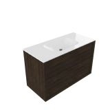 Saniclass Hout Frame Badkamermeubelset - 100x45x61.5cm - Flow solid surface wastafel wit - 1 wasbak - zonder kraangat - 2 lades - mat eiken charcoal (hout) SW1578598/SW1224149