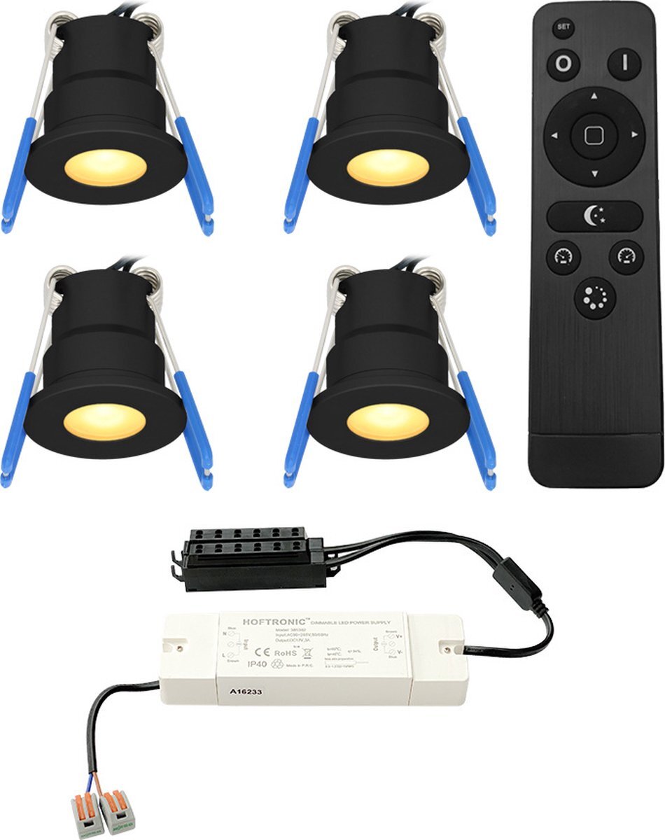 HOFTRONIC Milano - 4x Zwarte LED Inbouwspots - Traploos dimbaar met RF-afstandsbediening - Zwart - IP65 Waterdicht - 2700K Extra warm wit - 3W CREE LEDs 12V - Verandaverlichting - Plafondspotjes badkamer - Voor Veranda, Carport en Badkamer