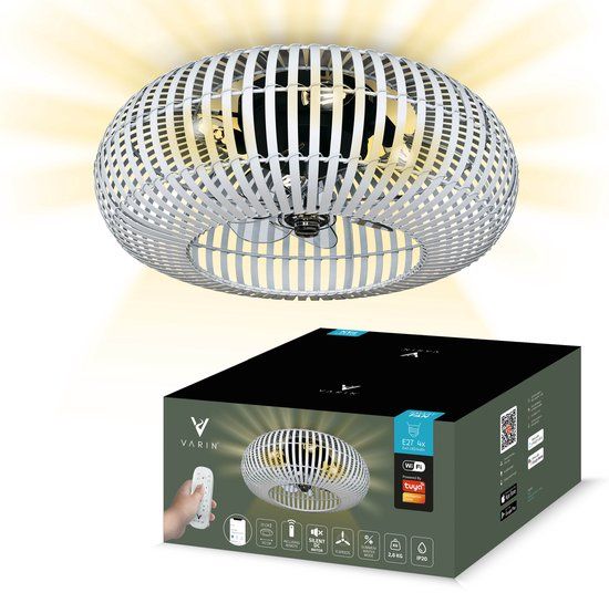 Varin® Smart Plafondlamp met ventilator - Bamboe Wit - Tuya Wifi - Ø 50cm