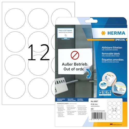HERMA 5067 universele etiketten A4 afneembaar (Ø 60 mm, 25 velles, papier, mat, rond) zelfklevend, bedrukbaar, verwijderbaar en opnieuw klevende etiketten, 300 etiketten voor printer, wit