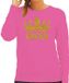 Bellatio Decorations Koningsdag Sweater voor dames - Queen - glitter goud - roze - feestkleding XXL