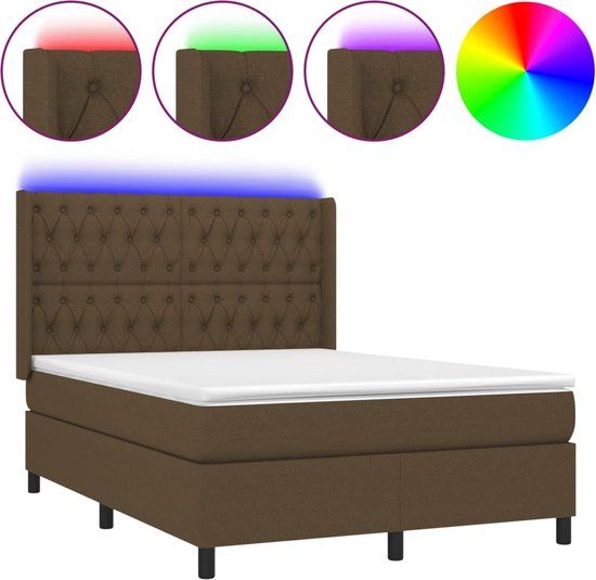vidaXL Boxspring Bed - 140x200 cm - Donkerbruin - Met Matras en LED - Stof