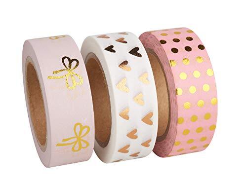 RAYHER 60893000 Washi Tape Set, 3 rollen à 10 m, 15 mm breed, 3 designs rosé/goud/wit patroon, papierfolie, papierband, plakband, decoratielint