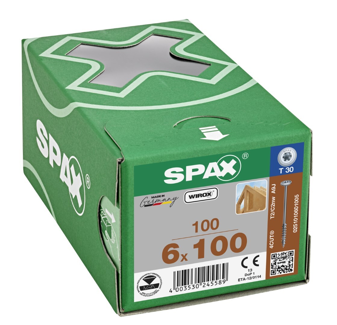 Spax 251010601005 Hi-Force schroef, Discuskop, 6 x 100, Deeldraad, T-STAR plus T30 - WIROX - 100 stuks