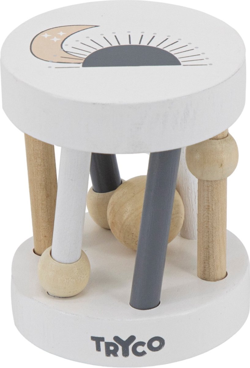 Tryco Houten Rollende Rammelaar, dit speeltje met kraaltjes en spijlen geeft veel plezier, afmetingen: 8 x 7 x 7 cm, Wit Naturel