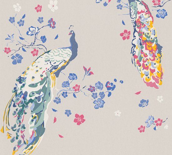 Living Walls PAUWEN BEHANG - Botanisch - grijs blauw rood wit groen - Vliesbehang