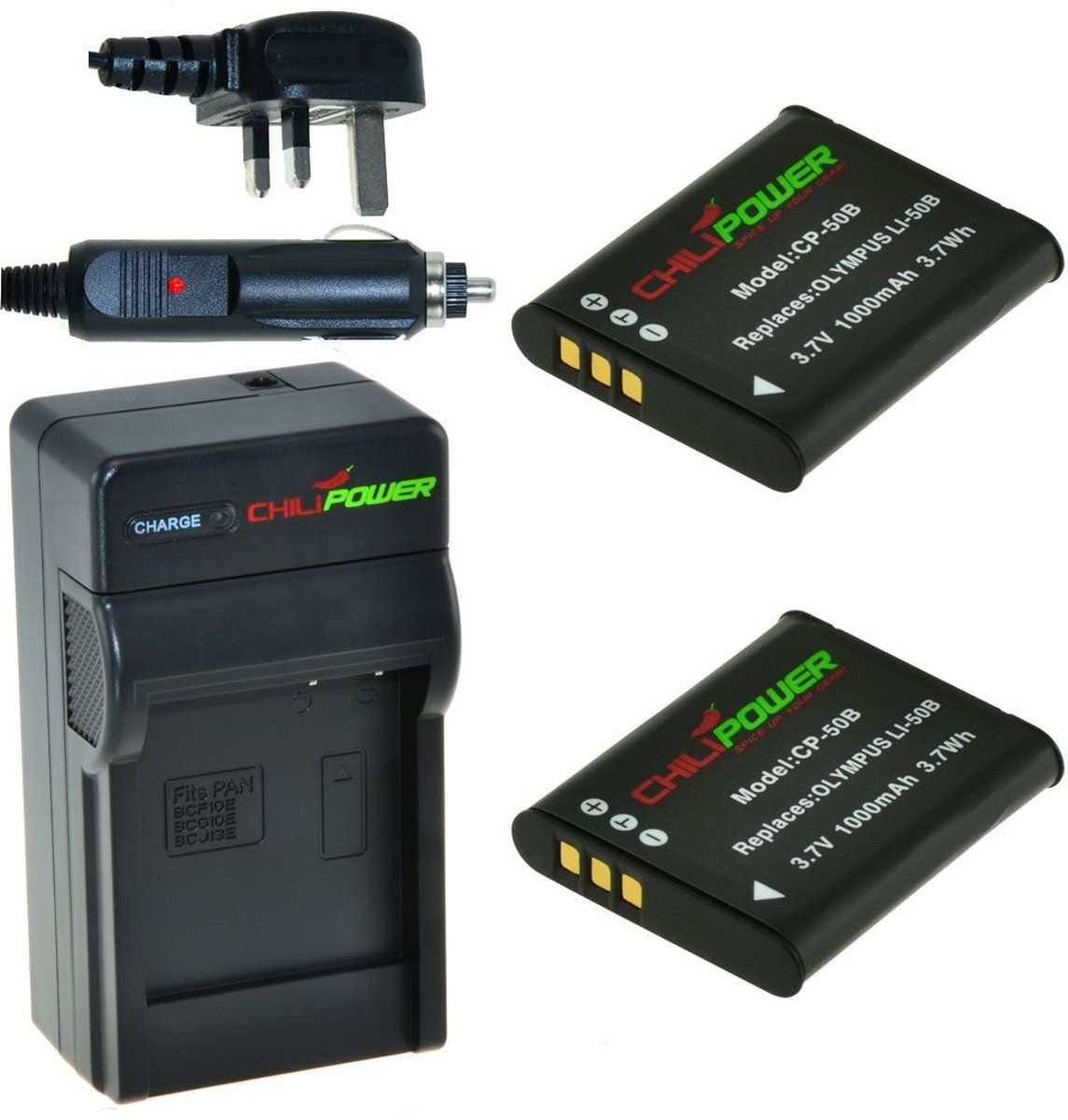 ChiliPower 2 x Li-50B accu's voor Olympus - Charger Kit + car-charger - UK version