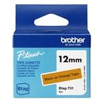 Brother Btag-T31 Labeltape, 12 mm breed, 4 m lang, zwart/oranje