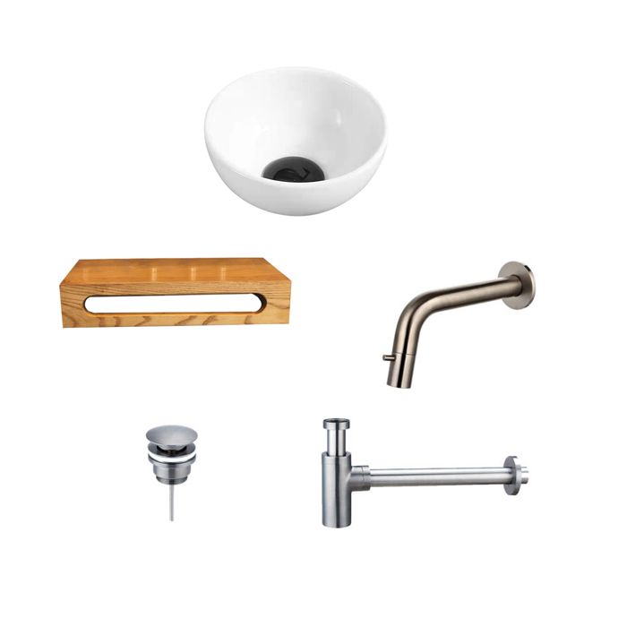 Keramische Waskom Wit Rond 40x22x8 cm met Massief Houten Planchet, Inbouwkraan, Afvoer en Sifon Gun Metal