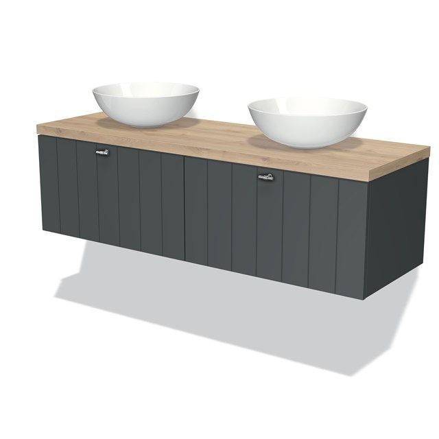 Maxaro Badkamermeubel Modulo Plato 140cm Donkergrijs 2 Lades Lamel Lichtbruin Eiken Blad
