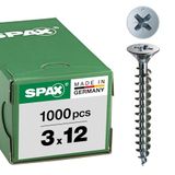 SPAX Universele schroef, 3 x 12 mm, 1000 stuks, Voldraad, Verzonken kop, Kruiskop Z1, S-punt, WIROX