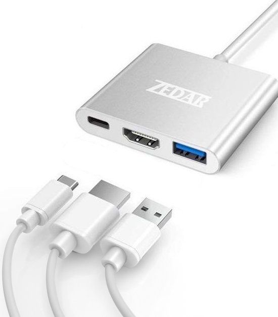 ZEDAR USB C Hub 3 in 1 | van USB-C naar HDMI, USB 3.0 & USB-C