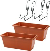 Forte Plastics 3x stuks hangende reling plantenbakken terracotta rechthoekig 40 x 18 x 15 cm met setjes kunststof beugels