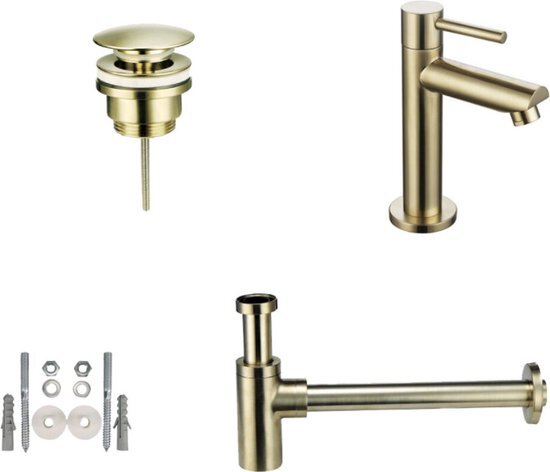 Badkamerplanet Toiletkraan set met afvoer en design sifon geborsteld goud