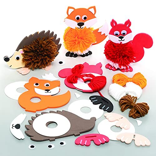 Baker Ross FE725 Dierlijke Pom Pom Kits - Set van 3, Pom Decoraties voor kinderen om te maken, te versieren en te laten zien, Creatieve activiteiten voor kinderen