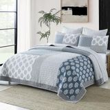 PANGUSHAN Dekbedovertrekset, kingsize, 100% katoen, bedsprei, quilt, patchwork, omkeerbaar bloemendekbed voor kingsize bed, blauw/grijs/wit bedsprei, lichtgewicht dekbed voor het hele seizoen, 3-delig