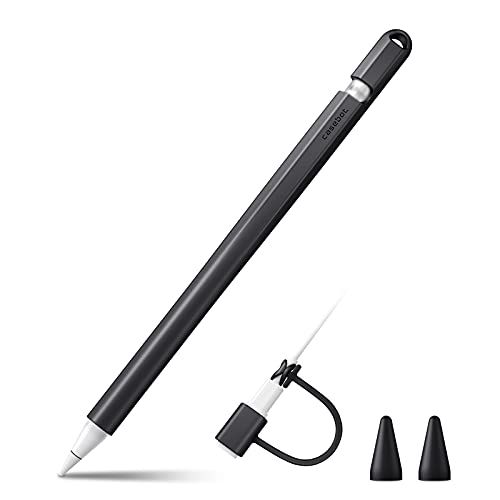 Fintie Siliconen Hoes Compatibel met Apple Pencil (1e Generatie) - Ultra lichte Pennenzak, zachte beschermende handgreep houder met 2 Puntafdekking en 1 Kabel Adapter Tether, Zwart